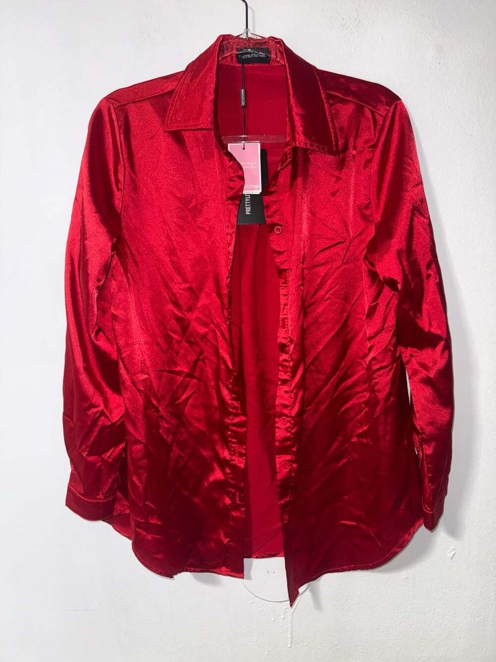 PrettyLittleThing Red Satin Long Sleeve Button-Down Blouse Shirt